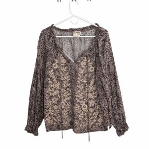 SAMANTHA JANE TAUPE FLORAL EMBROIDERED LONG SLEEVE V-NECK BLOUSE SIZE LARGE